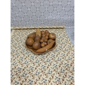Vintage Wooden Fruit Still Life Centerpiece with Hand Carved Wood Bowl Decor 10p